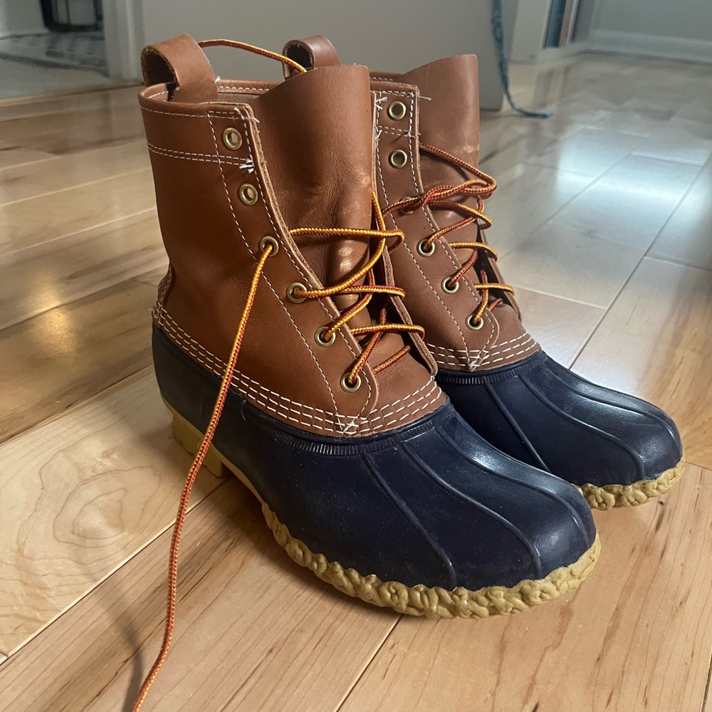L.L. Bean Duck Boots blue and tan